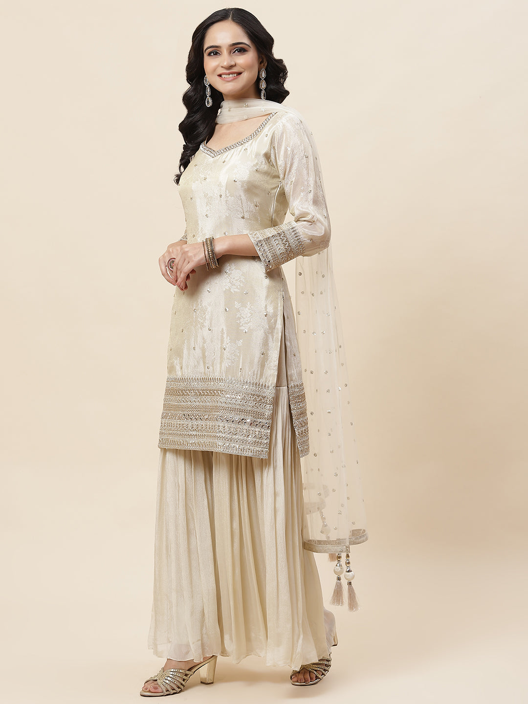 Sequin Embroidered Crepe Kurta With Garara &amp; Dupatta