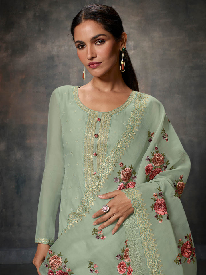 Neck Embroidered Organza Unstitched Suit Piece With Dupatta