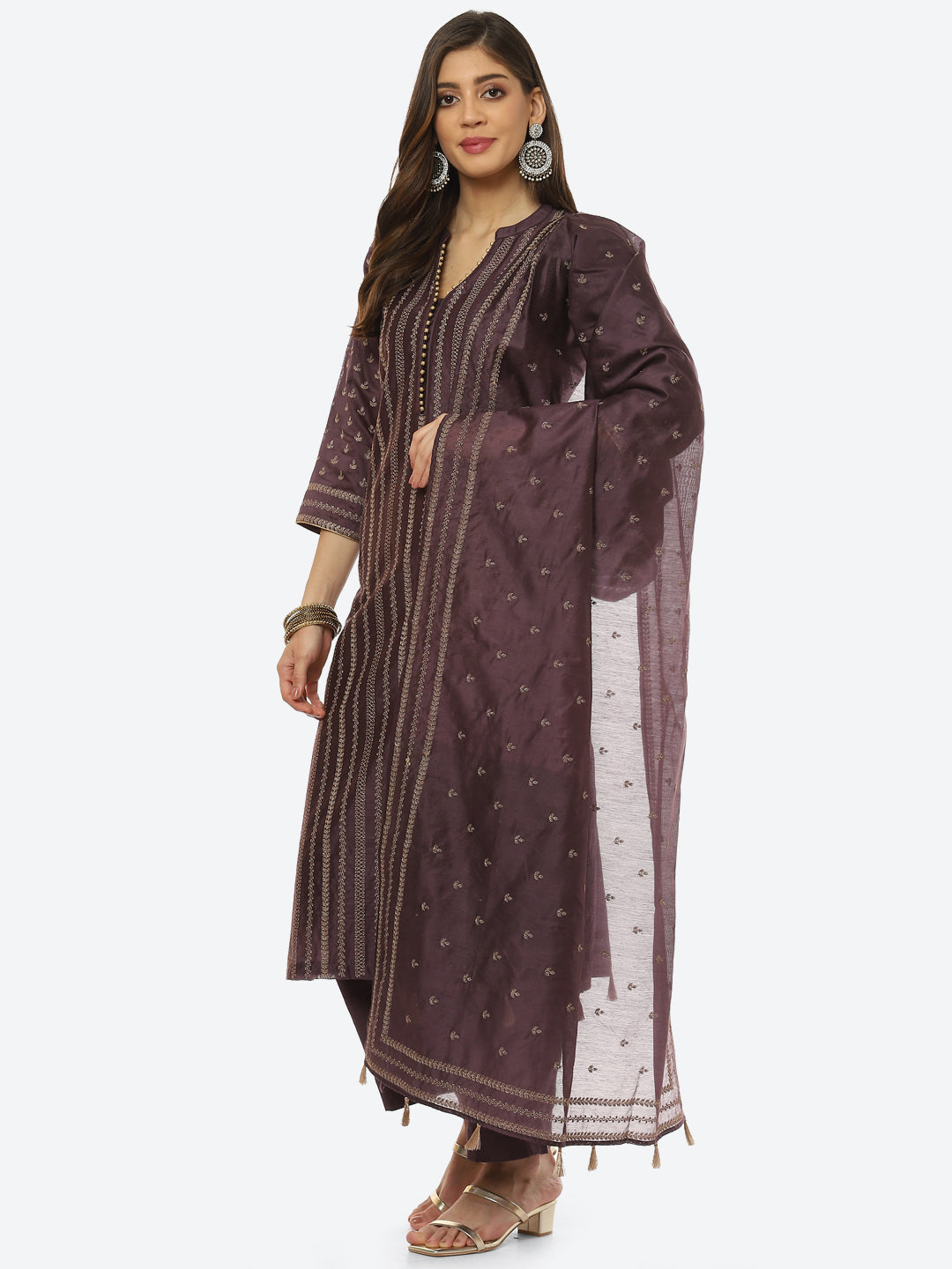 Resham Embroidered Booti Border Chanderi kurta With Pant &amp; Dupatta