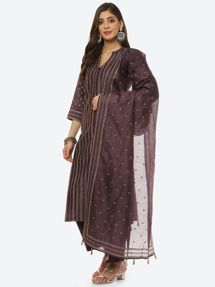 Resham Embroidered Booti Border Chanderi kurta With Pant &amp; Dupatta