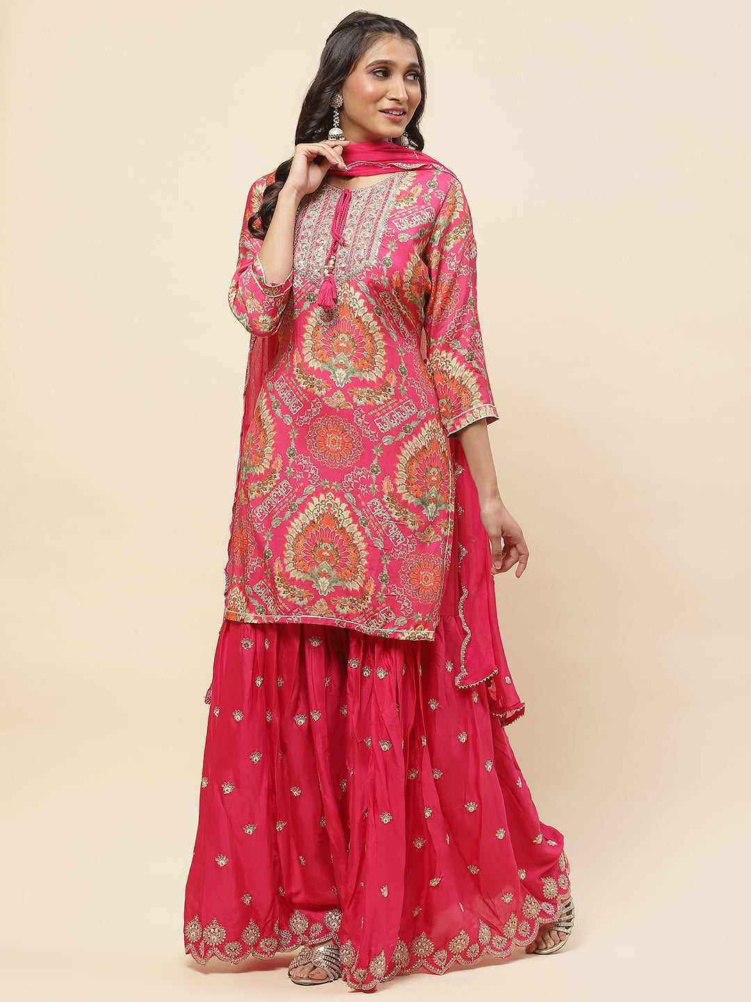Floral Printed Cotton Kurta With Sharara &amp; Dupatta