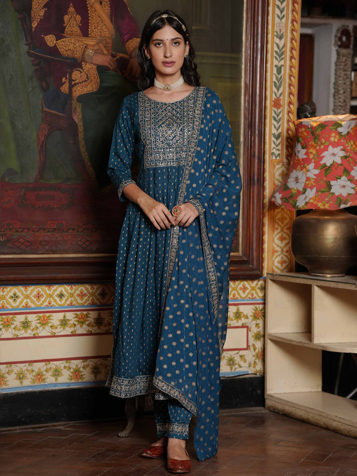 Neck Embroidered Cotton Kurta With Palazzo &amp; Dupatta
