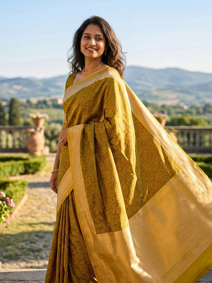 Mustard Woven Design Satan Resham Banarasi Saree