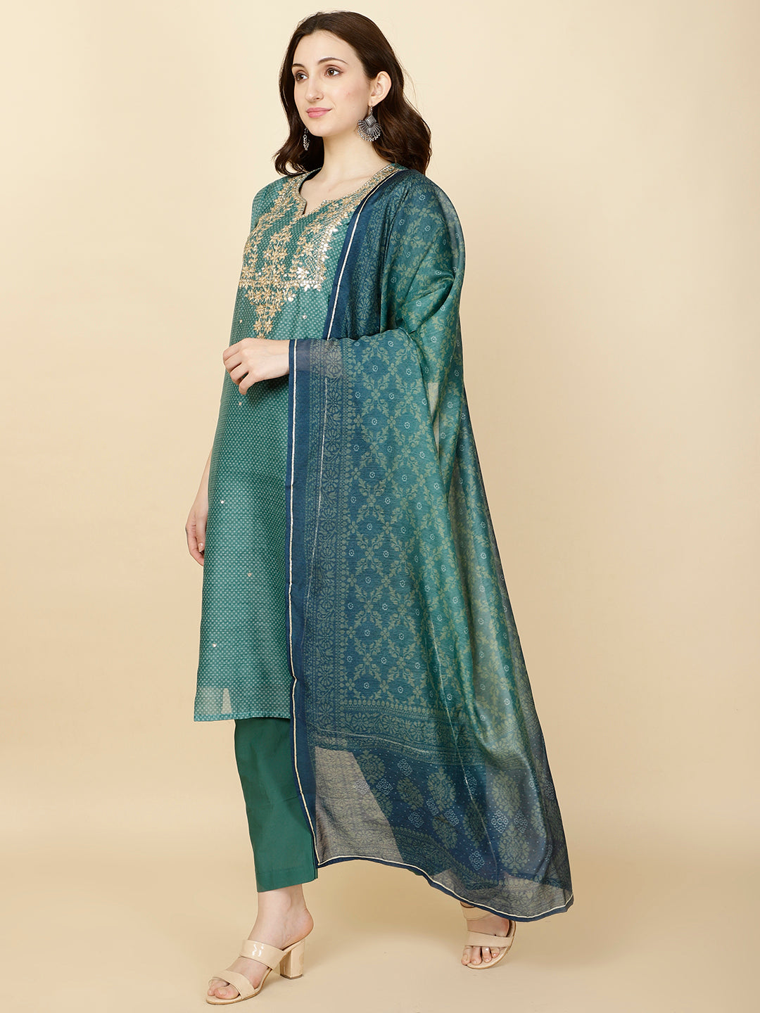 Neck Gota Patti &amp; Printed Chanderi Kurta With Pants &amp; Dupatta