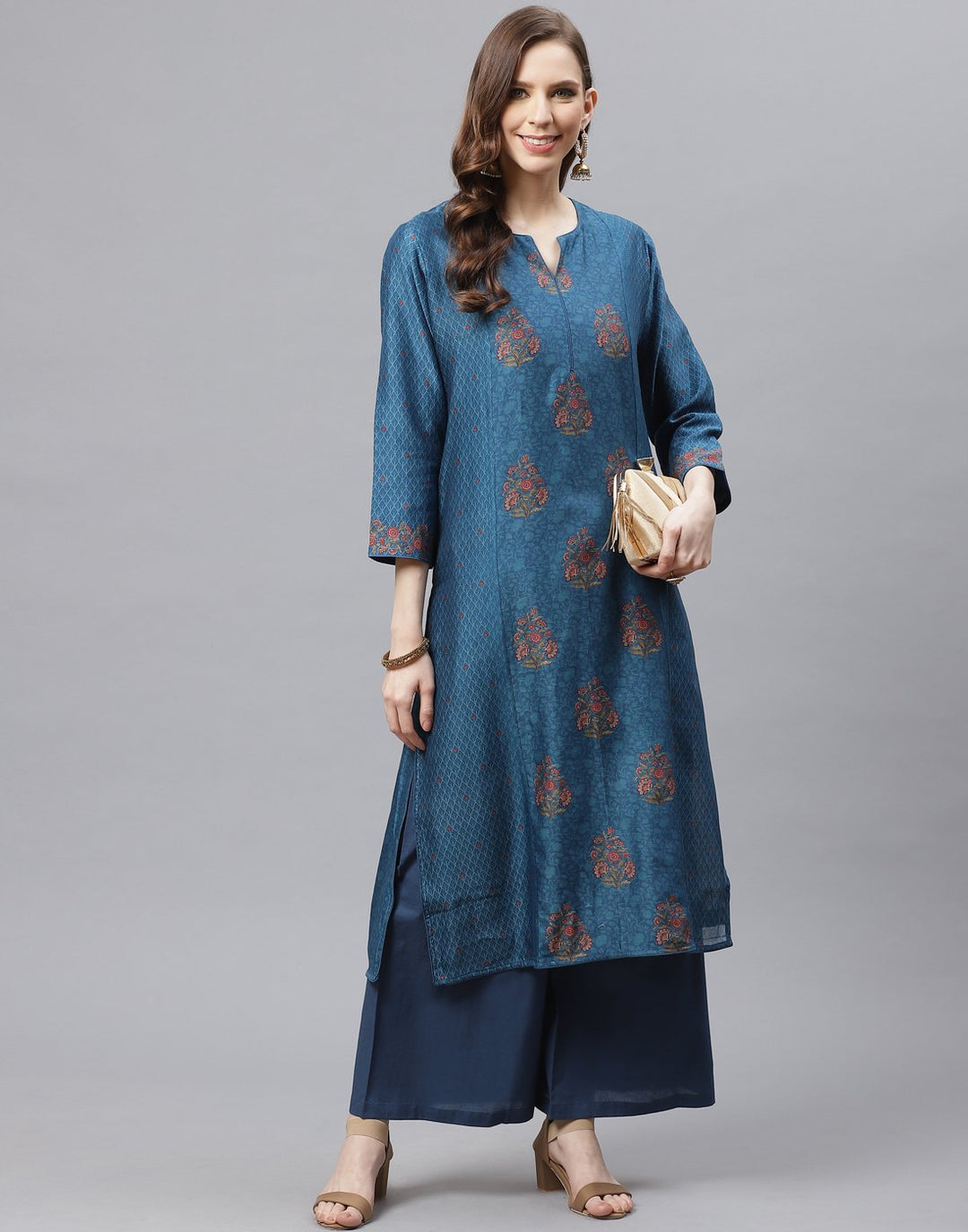 Blue Straight Cotton Chanderi Kurta with Plazzo Set