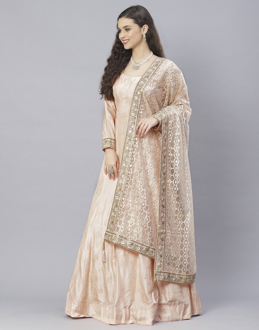 Peach, Sky Blue and Yellow Cotton Chanderi Anarkali Salwar Kameez