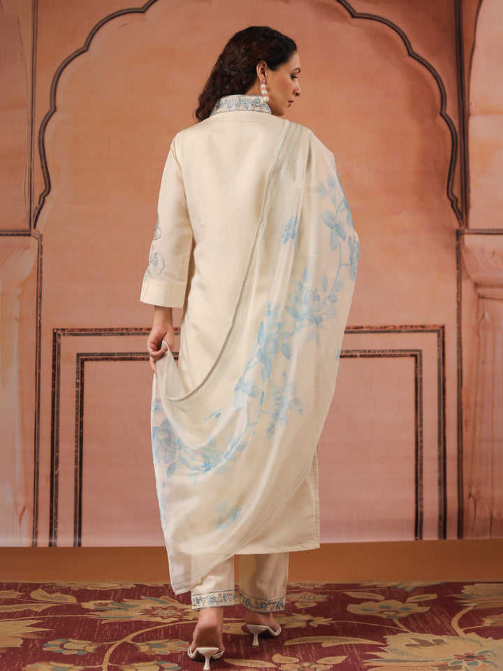 Embroidered Cotton Kurta With Pant &amp; Dupatta