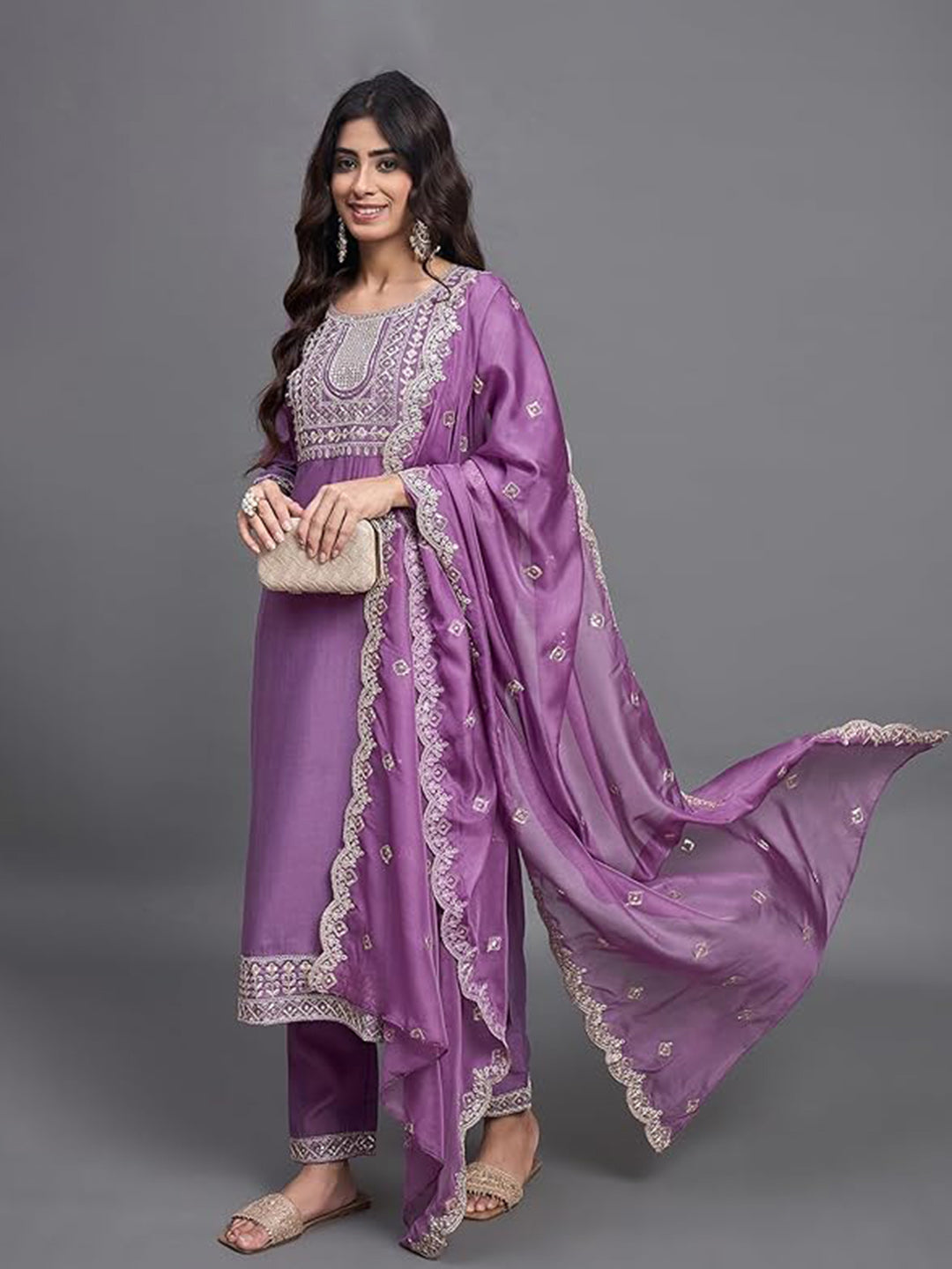 Printed Cotton Blend Kurta With Pants &amp; Dupatta
