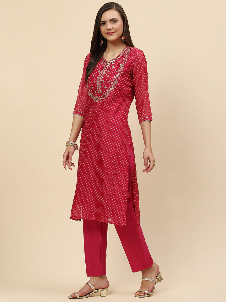 Gota Work &amp; Printed Chanderi Kurta With Pants