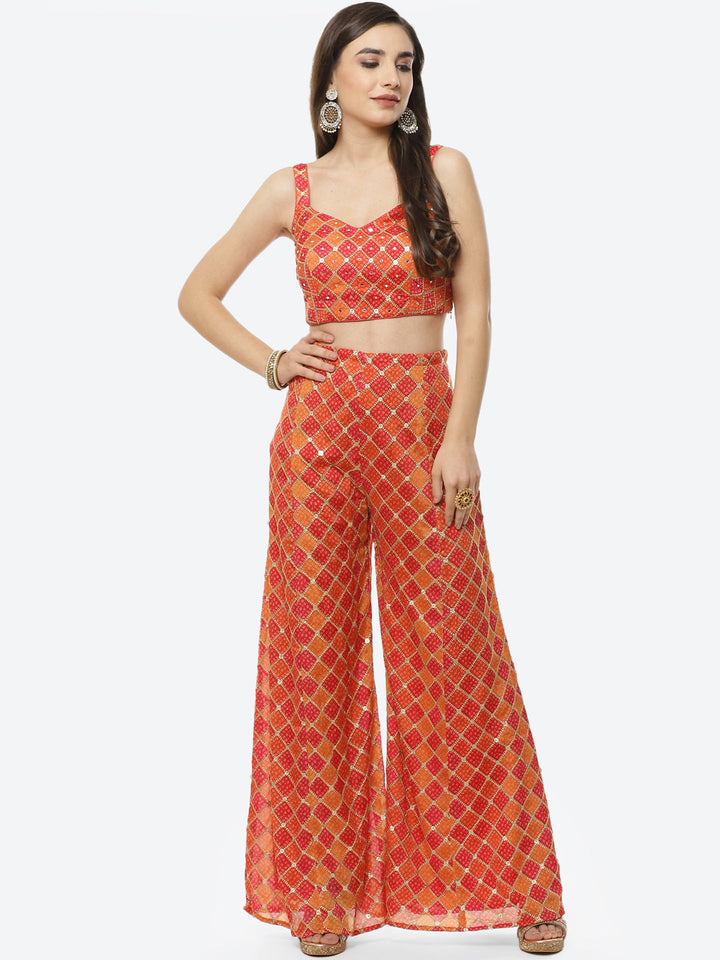Bandhej Printed Georgette Top With Palazzo And Jacket