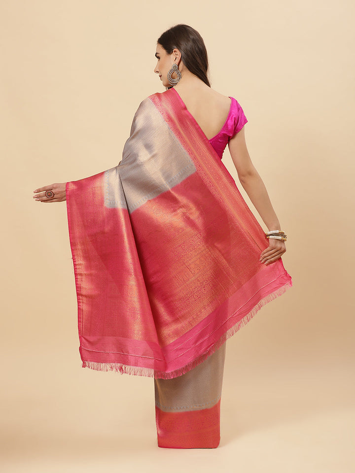 Brocade Zari Jaal  Art Handloom Saree With Contrast Blouse