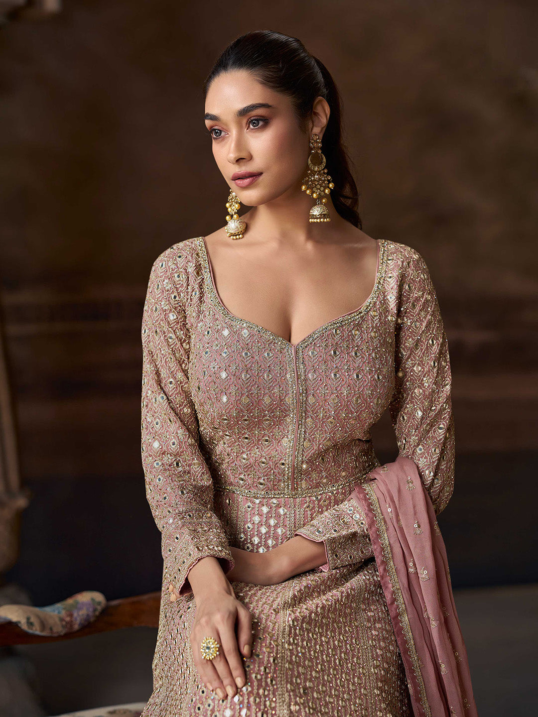 Embroidered Chinon A Line Dress With Dupatta