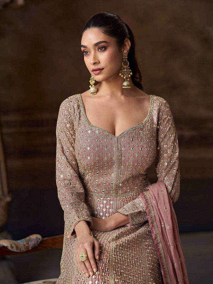 Embroidered Chinon A Line Dress With Dupatta