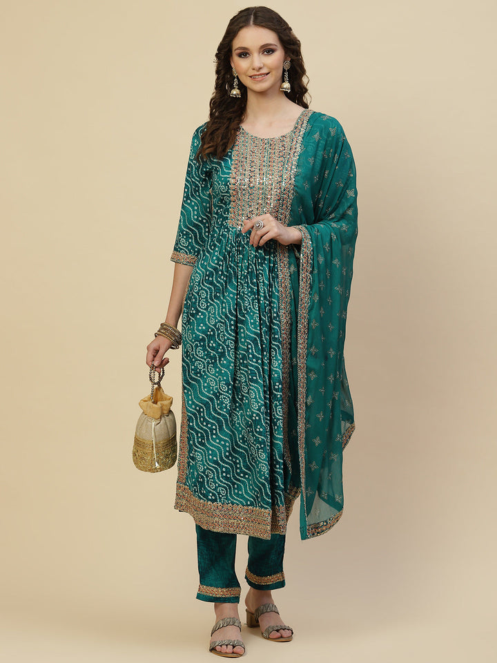 Bandhani Printed Cotton Kurta With Pants &amp; Dupatta