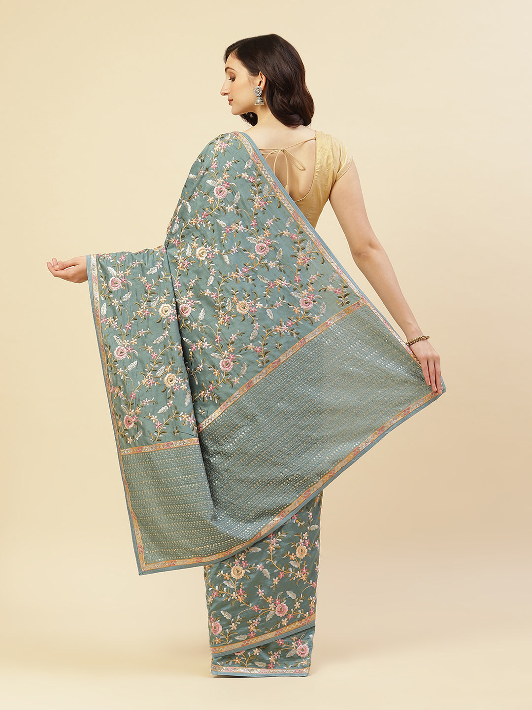 Thread Work Embroidered Art Tussar Saree