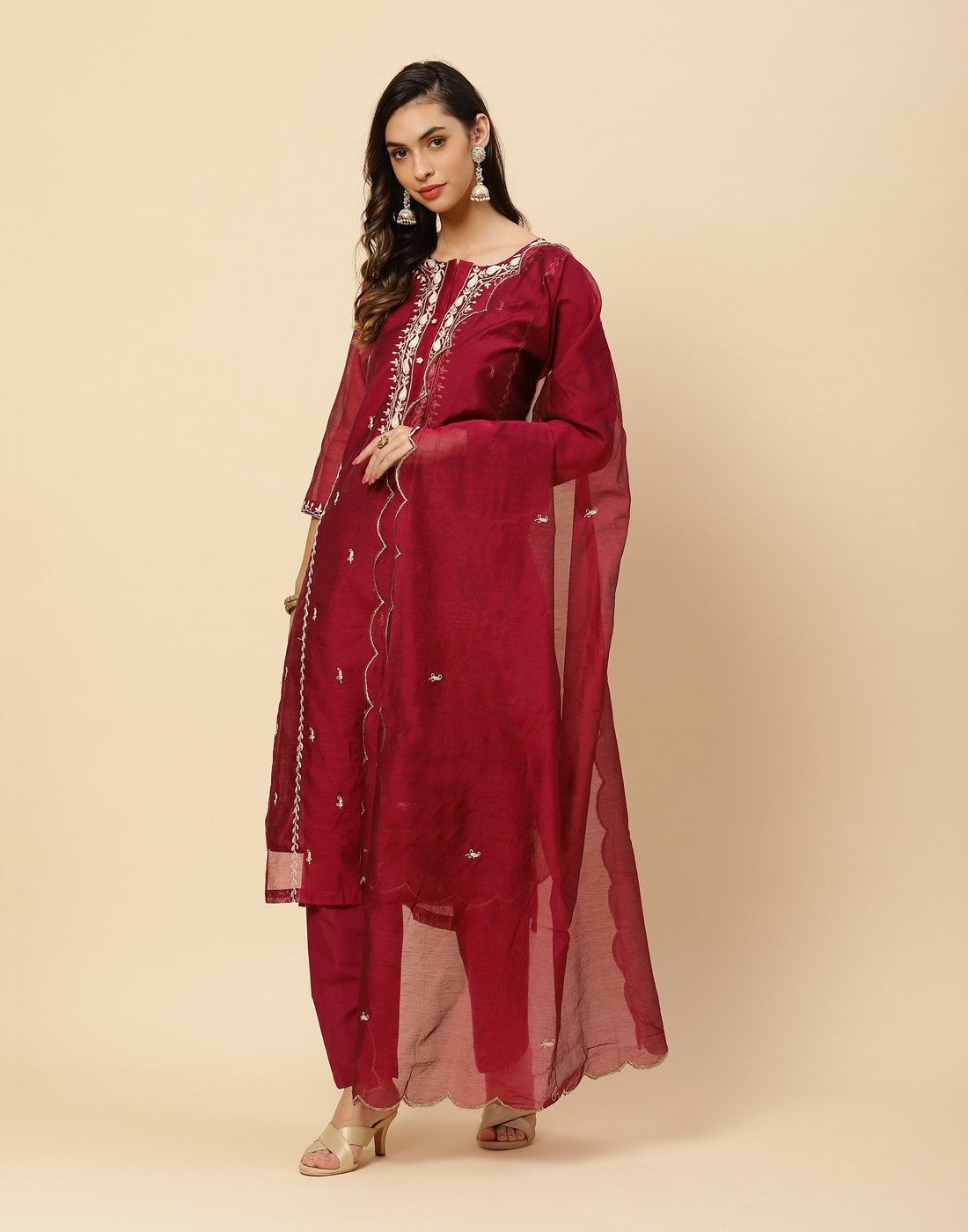 Embroidered Cotton Salwar Kameez Stitched Suit With Chanderi Dupatta