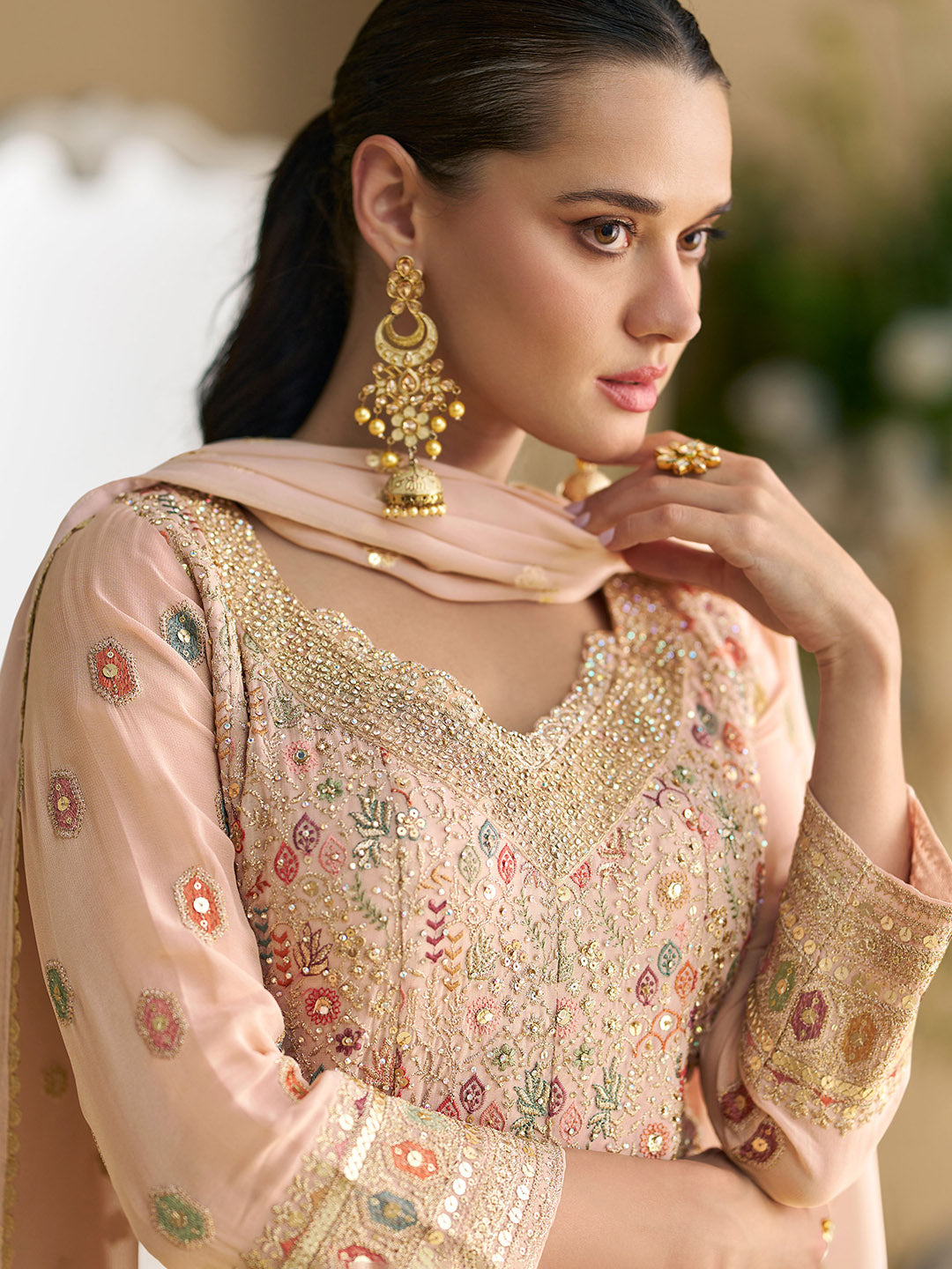 Embroidered Georgette Suit With Plazzo &amp; Dupatta