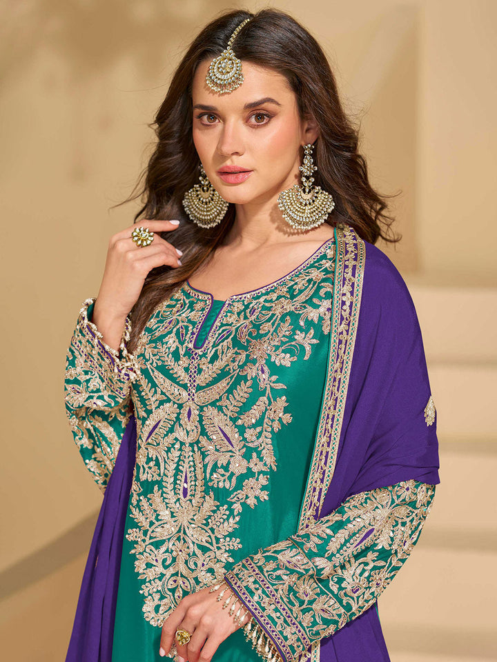 Embroidered Chinon Suit With Pant &amp; Dupatta