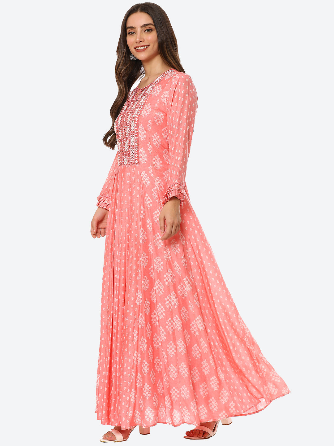 Mirror Neck Embroidered Printed Muslin Anarkali Kurta