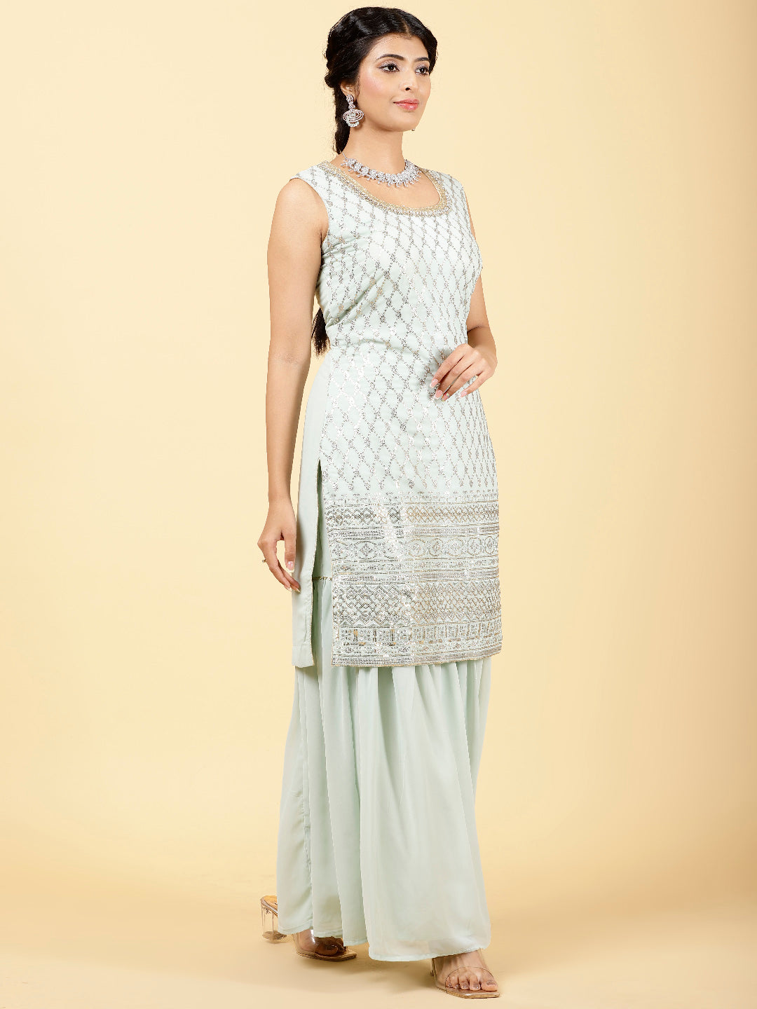 Sequin Georgette Kurta With Palazzo  &amp; Dupatta