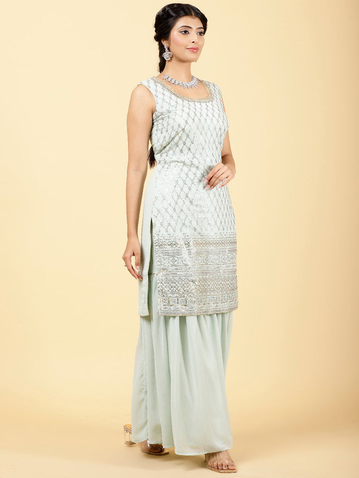 Sequin Georgette Kurta With Palazzo  &amp; Dupatta