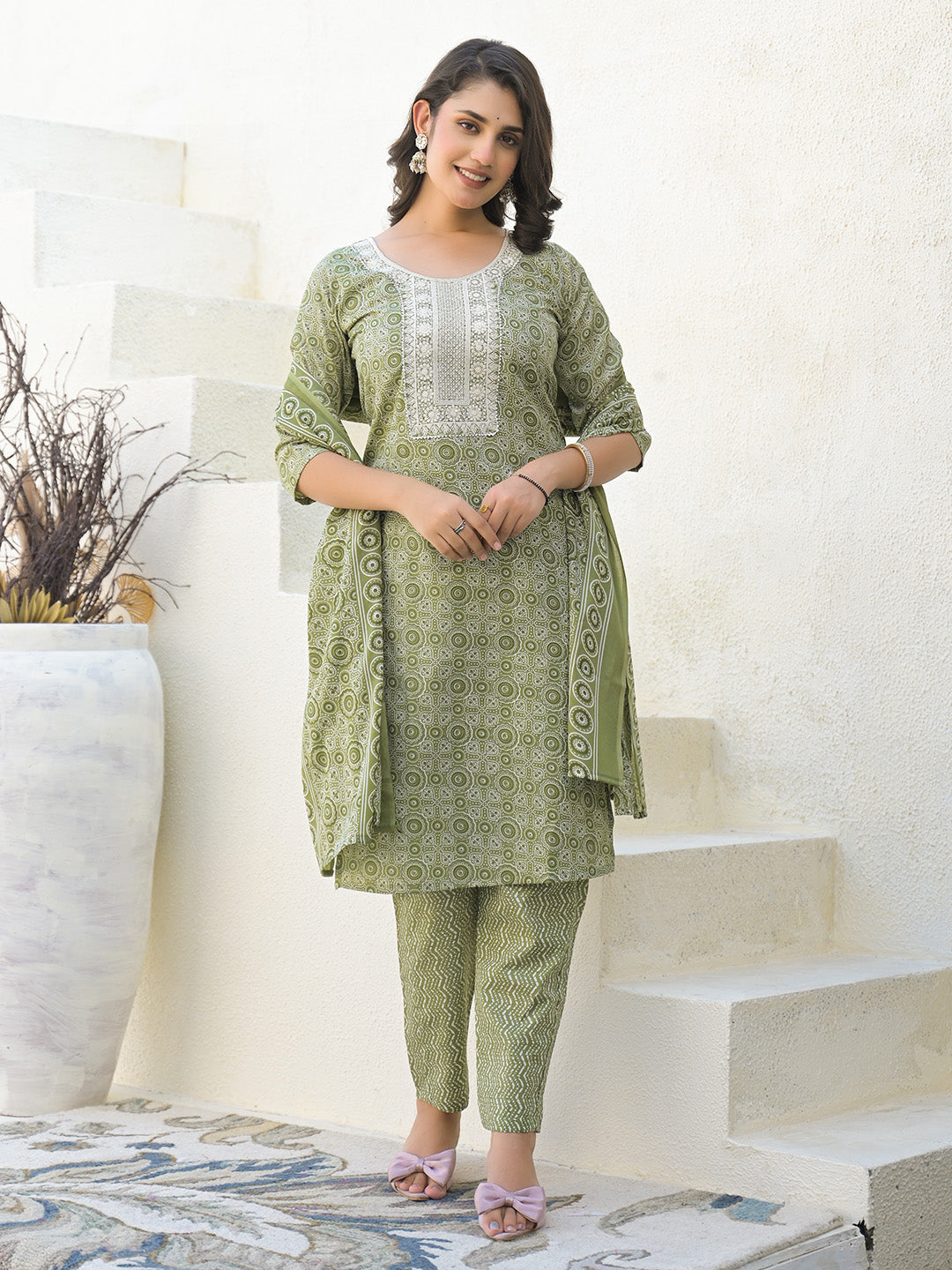 Floral Printed Cotton Kurta With Pants &amp; Dupatta
