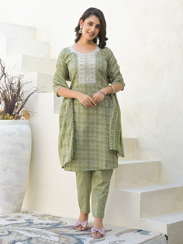 Floral Printed Cotton Kurta With Pants &amp; Dupatta