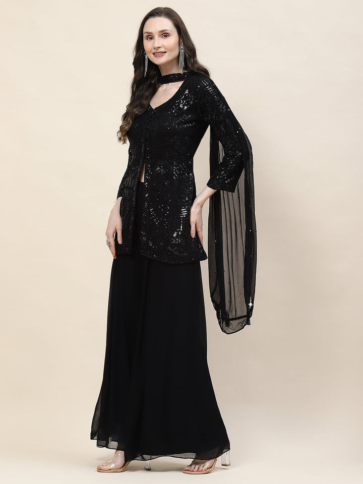 Sequin Embroidery Georgette Kurti With Palazzo &amp; Dupatta