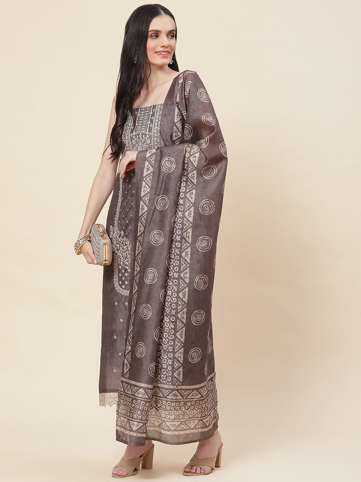 Embroidered Chanderi Unstitched Suit Piece With Dupatta