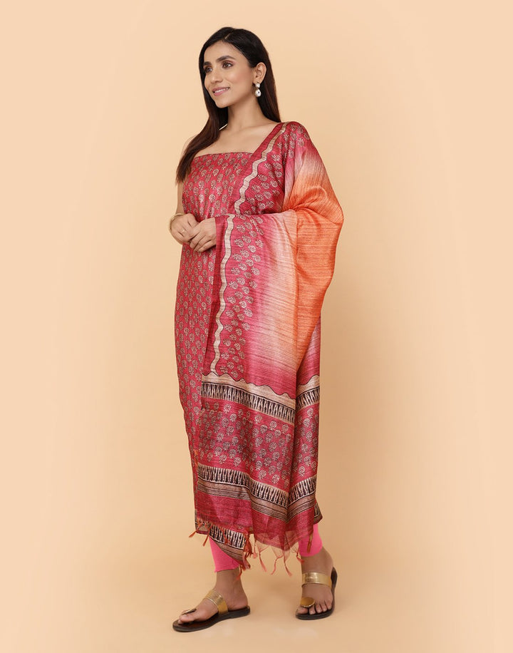 Printed Chanderi Suit Piece With Art Silk Dupatta