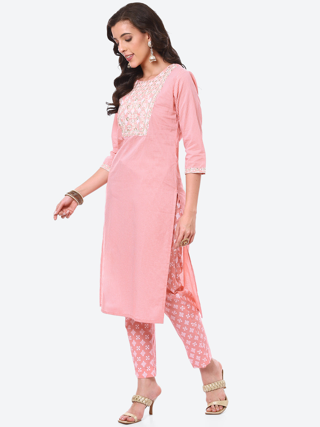 Zari Embroidered Yoke Printed Cotton Kurta With Pant