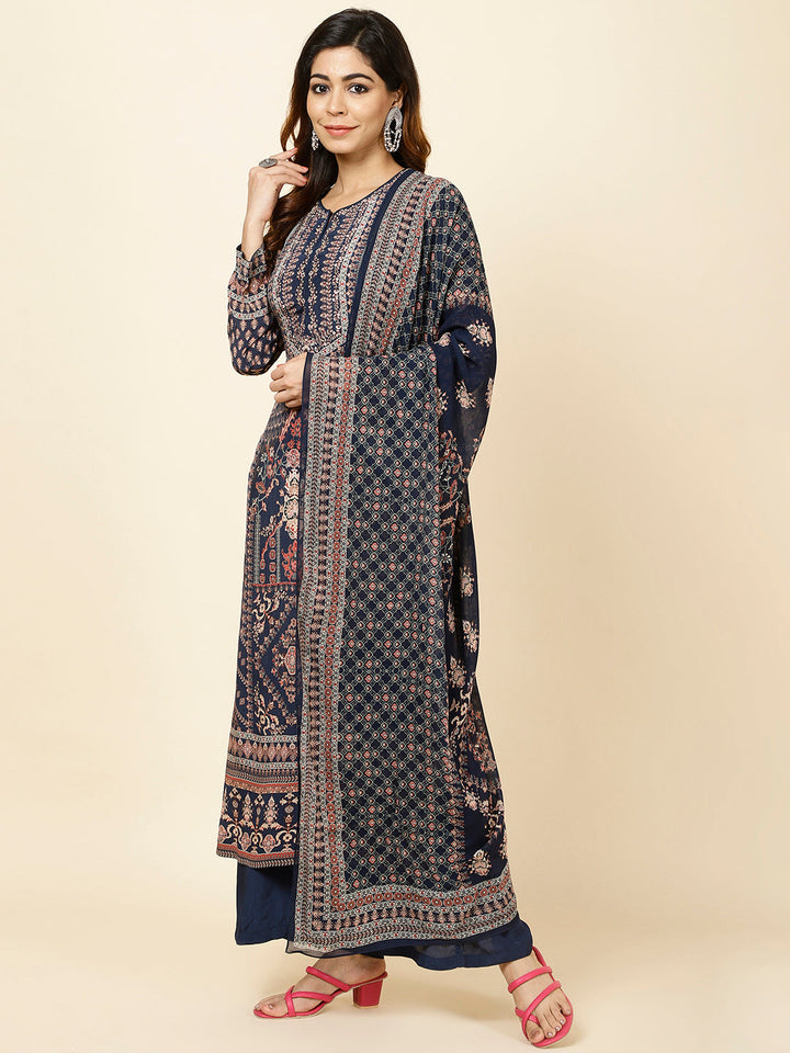Digital Printed Crepe Kurta With Palazzo &amp; Dupatta
