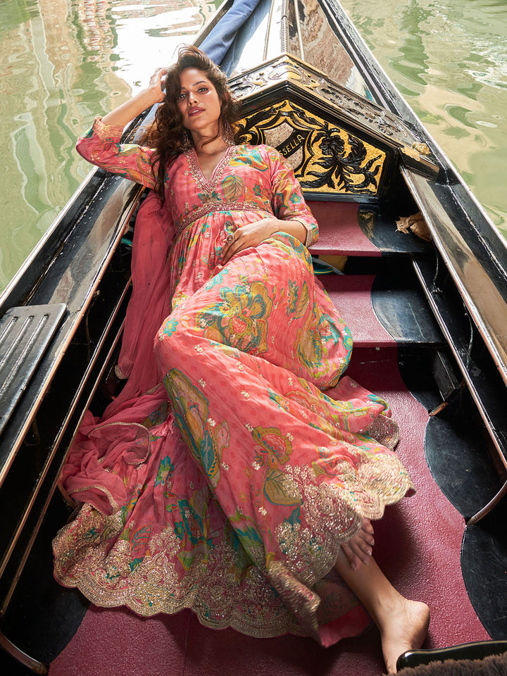 Embroidered Chinon Kurta With Pant &amp; Dupatta