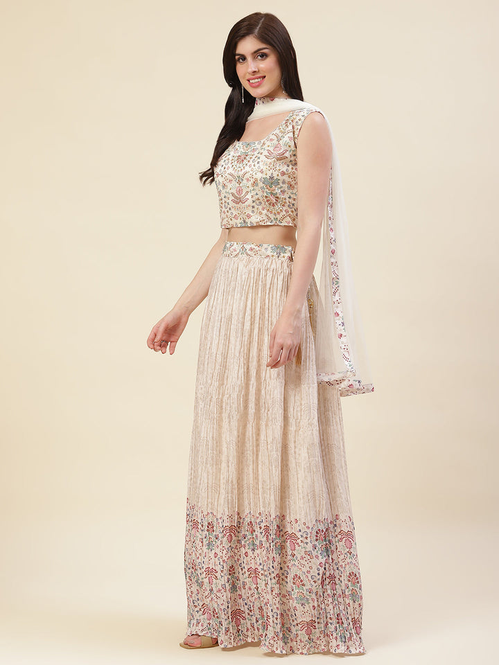 Floral Printed Crepe Choli With Lehenga &amp; Dupatta