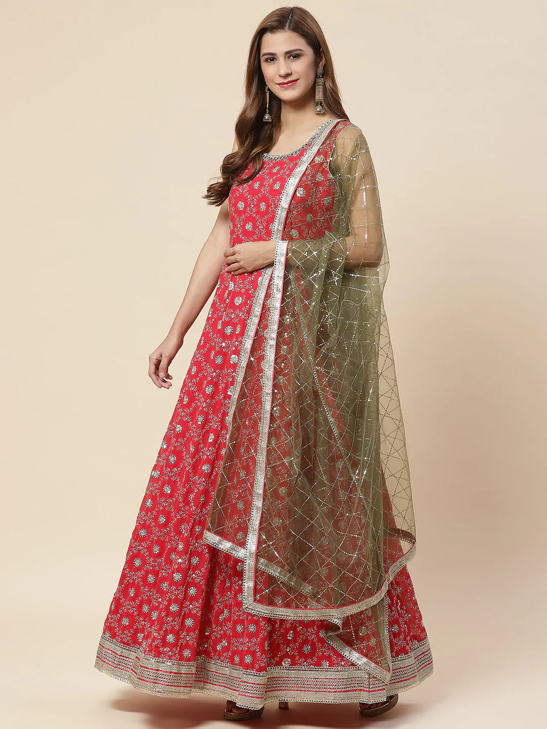 Sequin Embroidered Georgette Kurta With Dupatta