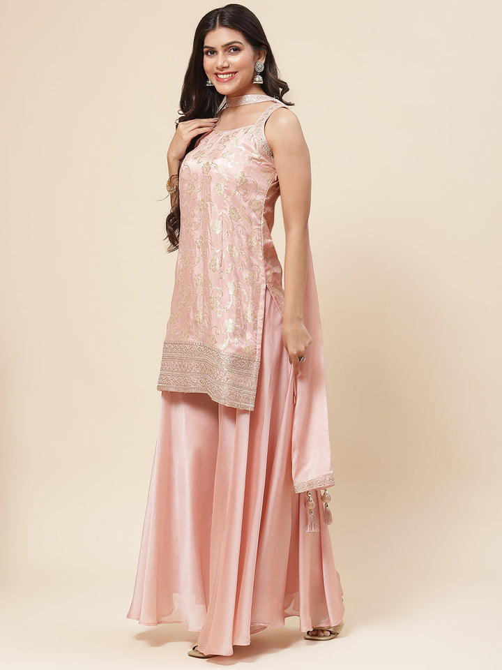 Floral Woven Georgette Kurta With Sharara &amp; Dupatta