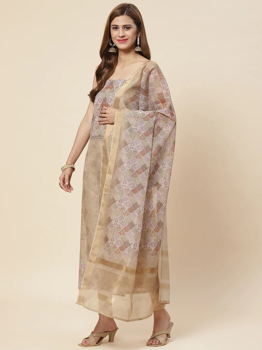 Neck Embroidered Chanderi Unstitched Suit Piece With Dupatta