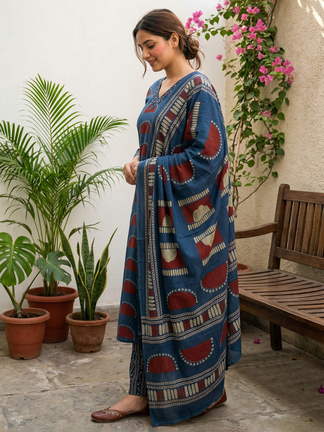 Blue Cotton Blend Embroidered Straight Suit Set