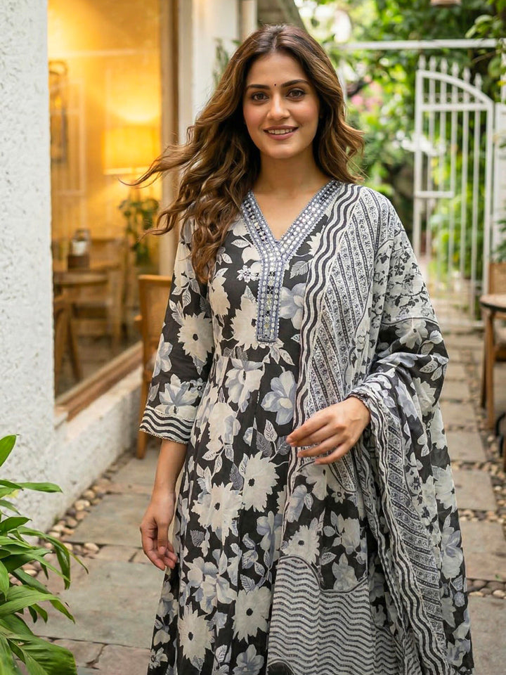 Black Printed Cotton Blend Straight Suit Set With Dupatta