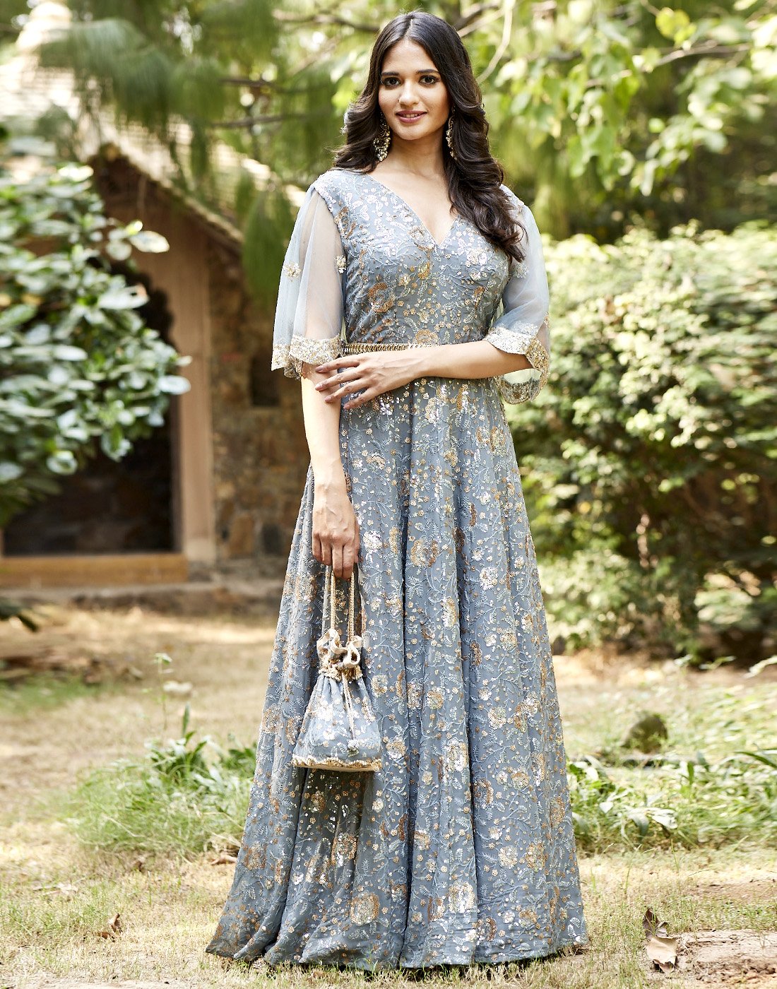 MBZ Meena Bazaar-Grey Georgette Long Dress