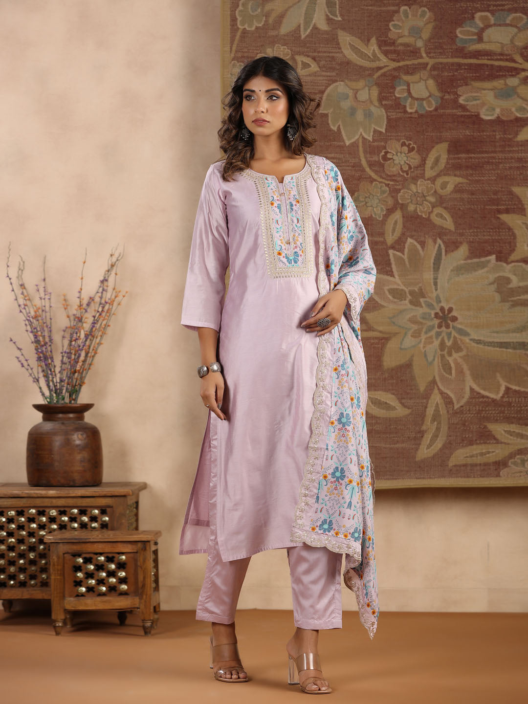 Neck Embroidered Chanderi Kurta With Pants &amp; Dupatta