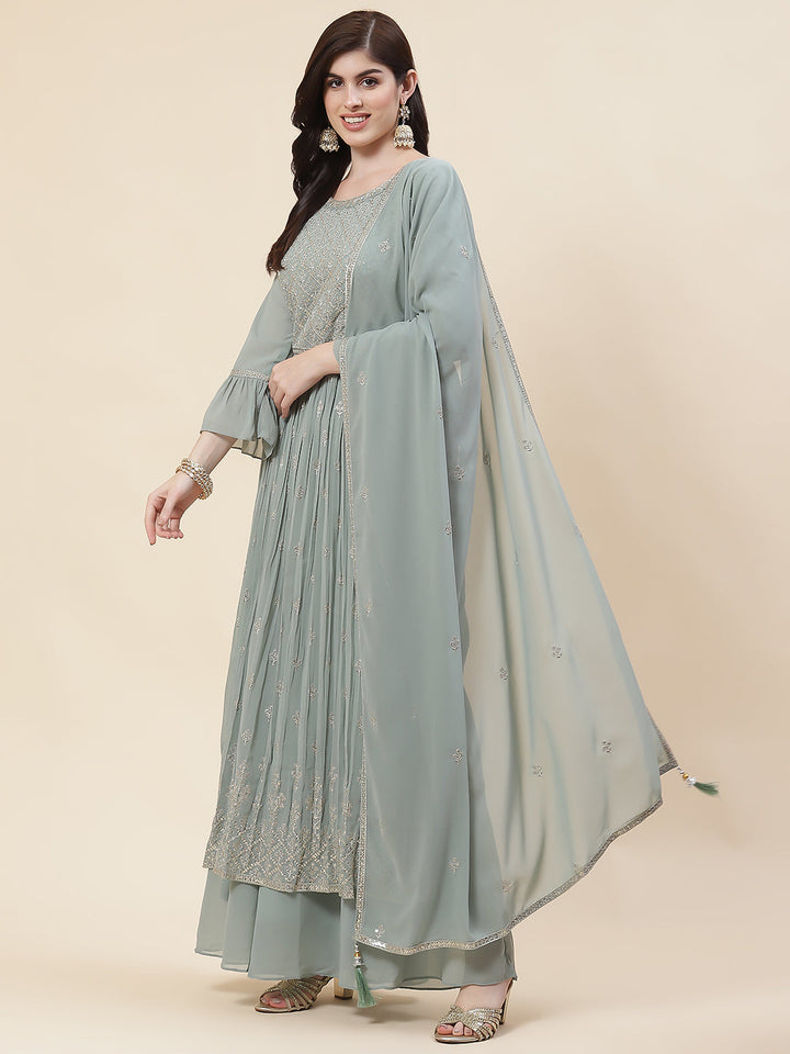 Zari Embroidered Booti Georgette Kurta With Palazzo &amp; Dupatta