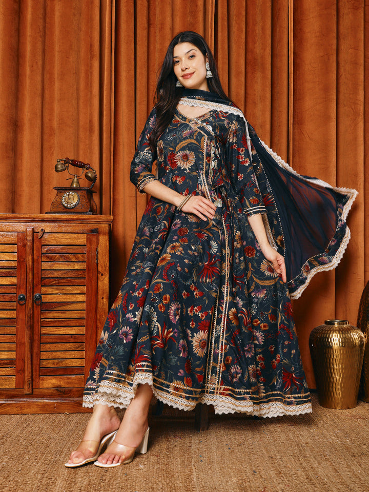Printed Cotton Blend Kurta With Pants &amp; Dupatta