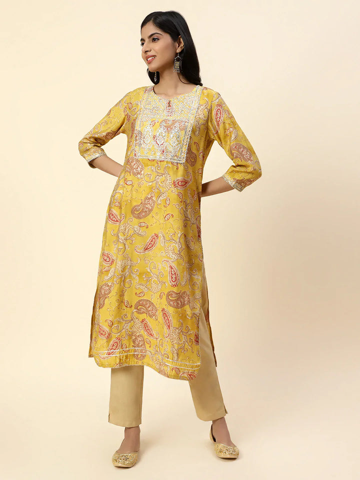 Printed With Yoke Embroidered Muslin Kurta