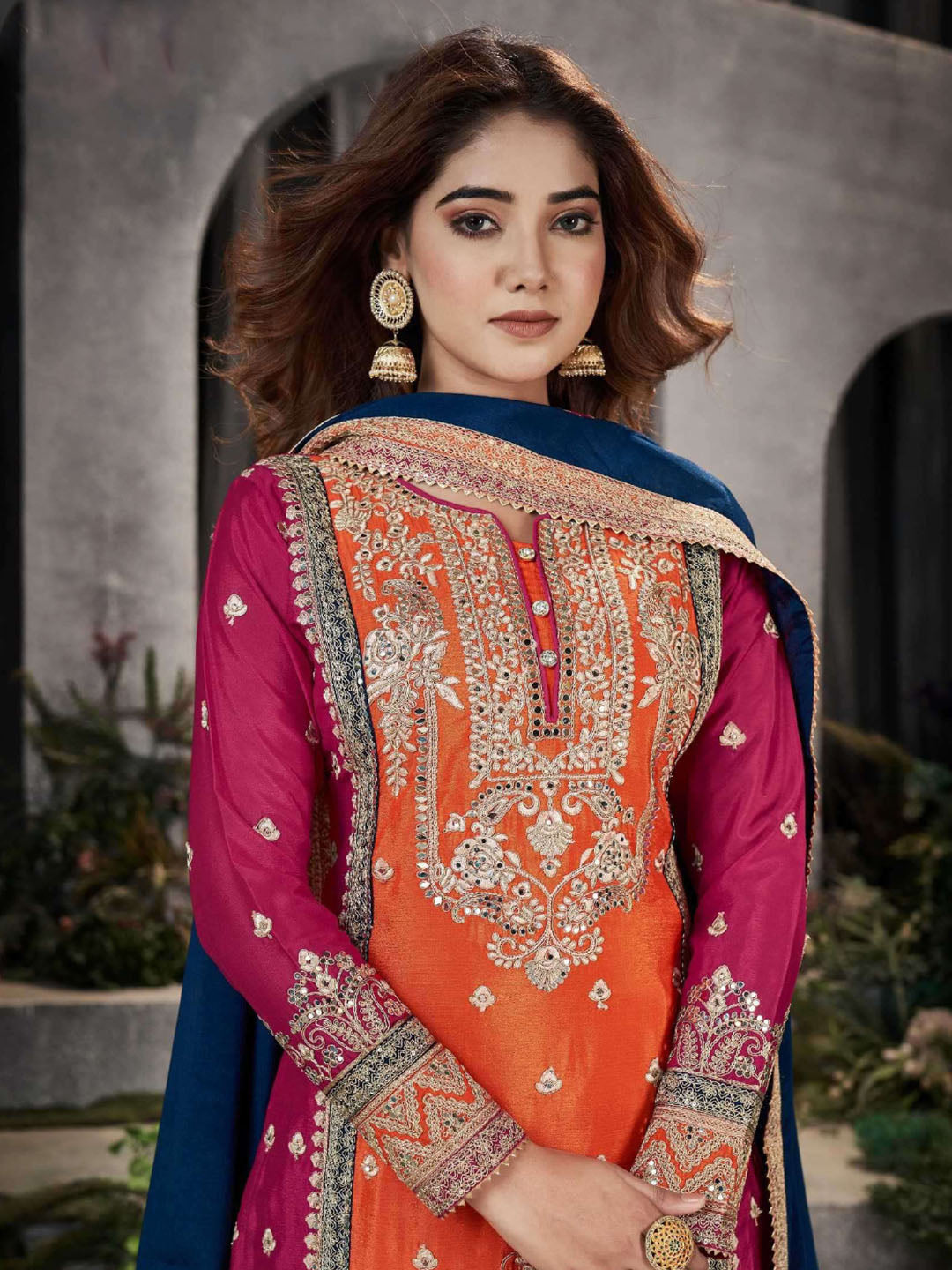 Embroidery &amp; Mirror Straight Round Neck Chinnon Long Sleeves Palazzo