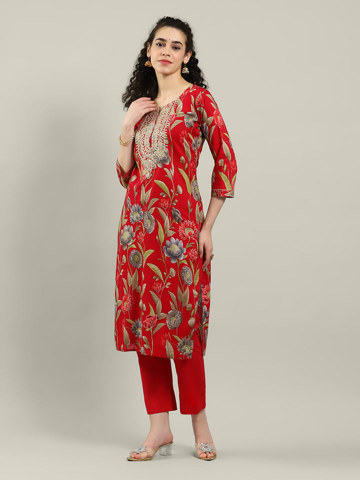 Neck Embroidered Cotton Blend Kurta With Pants