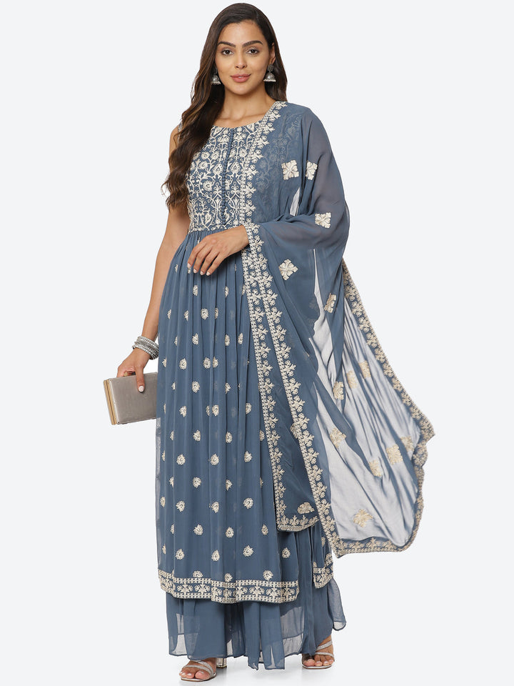 Resham Booti Georgette Kurta With Palazzo &amp; Dupatta