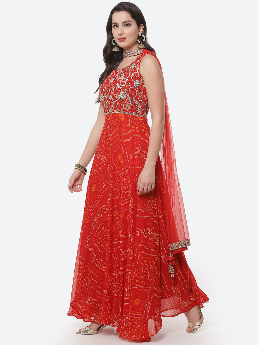 Bandhej Printed Georgette Stitched Anarkali Salwar Kameez With Net Dupatta