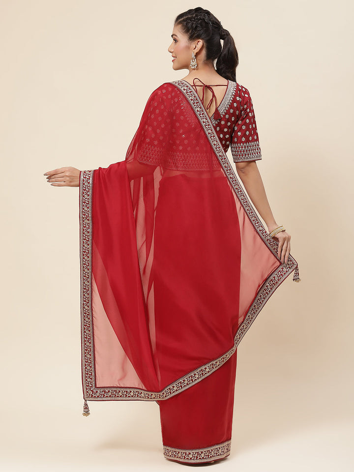Plain &amp; Embroidered Border Organza Saree