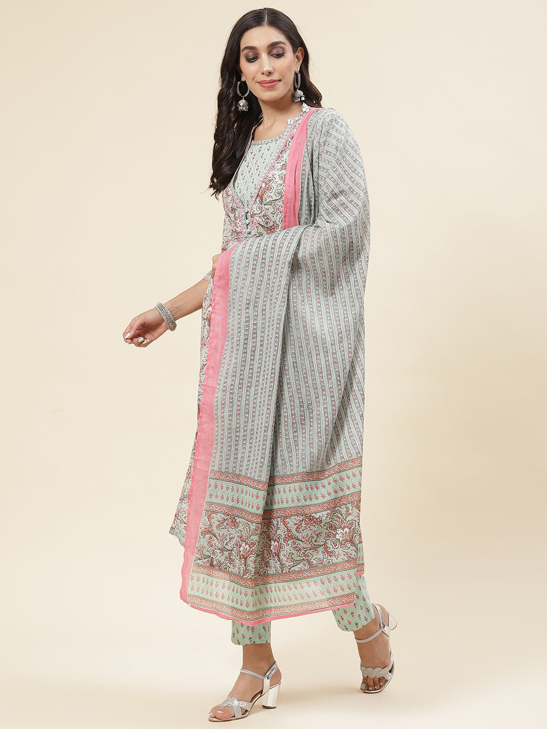 Floral Printed Cotton Kurta With Pants &amp; Dupatta